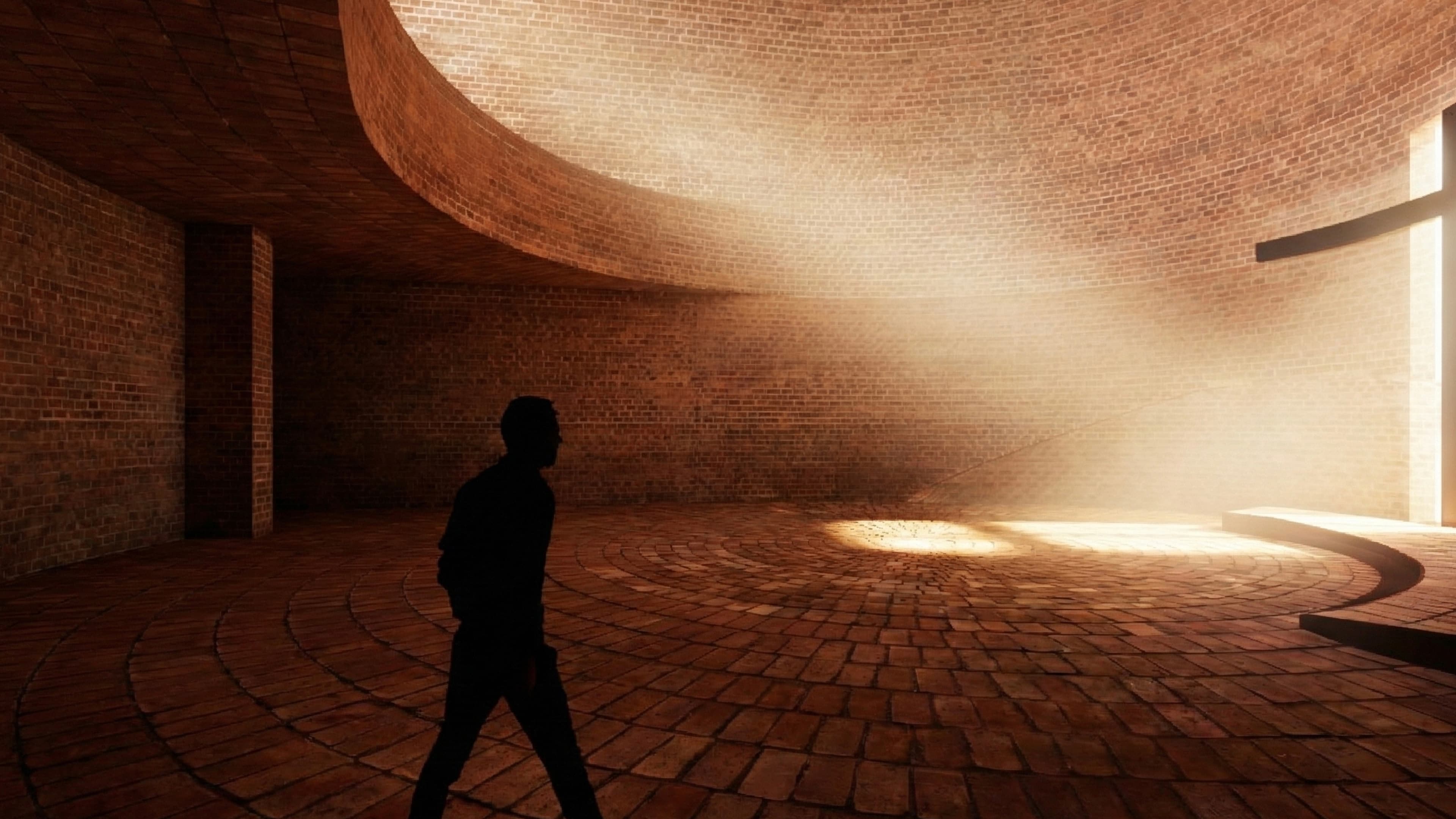 Pilgrim walking toward the altar and cross inside a brick chapel illuminated by a focused beam of light