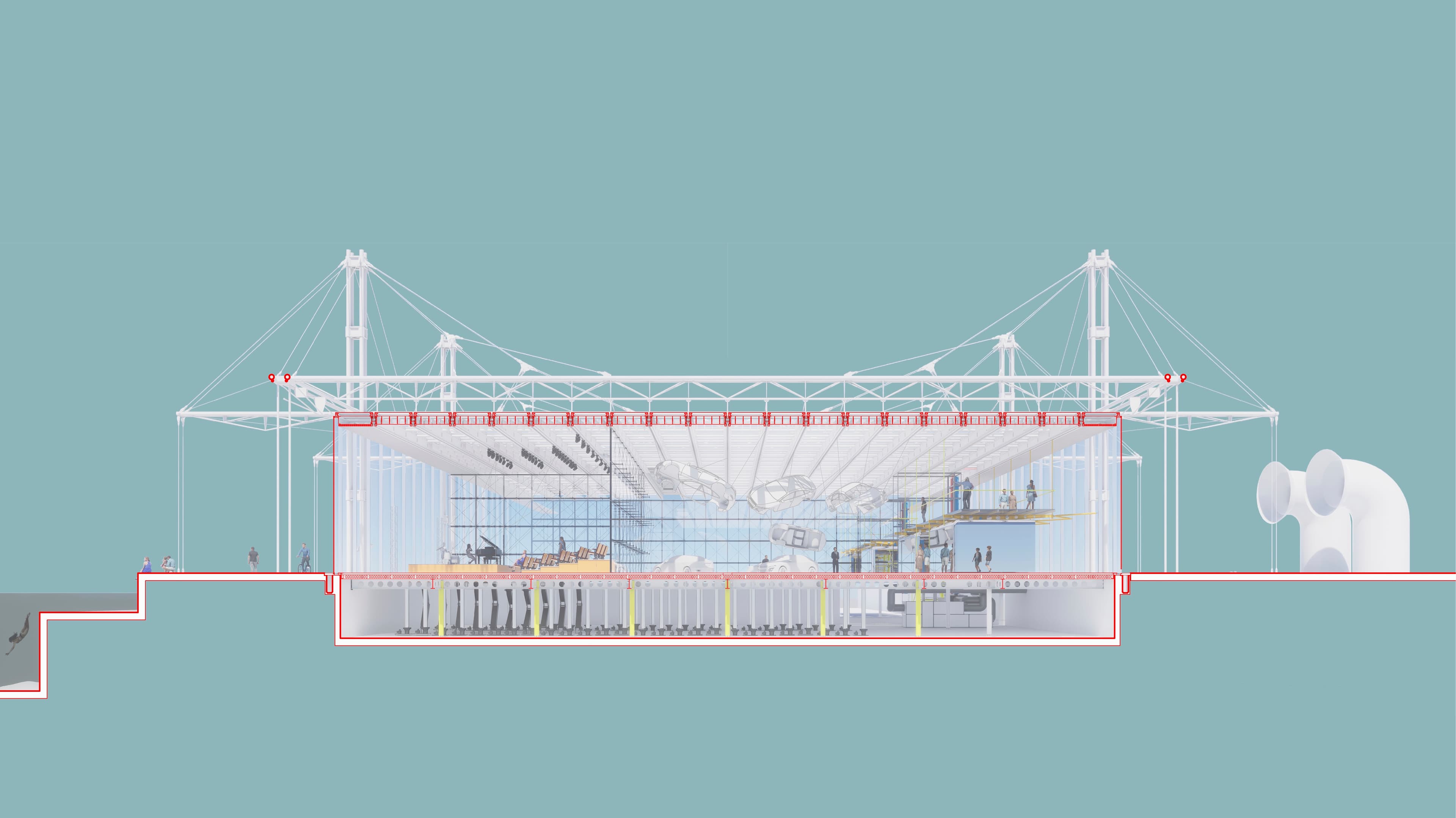 Exploded section of modular pavilion showing cultural and exhibition spaces facing the Ría of Vigo