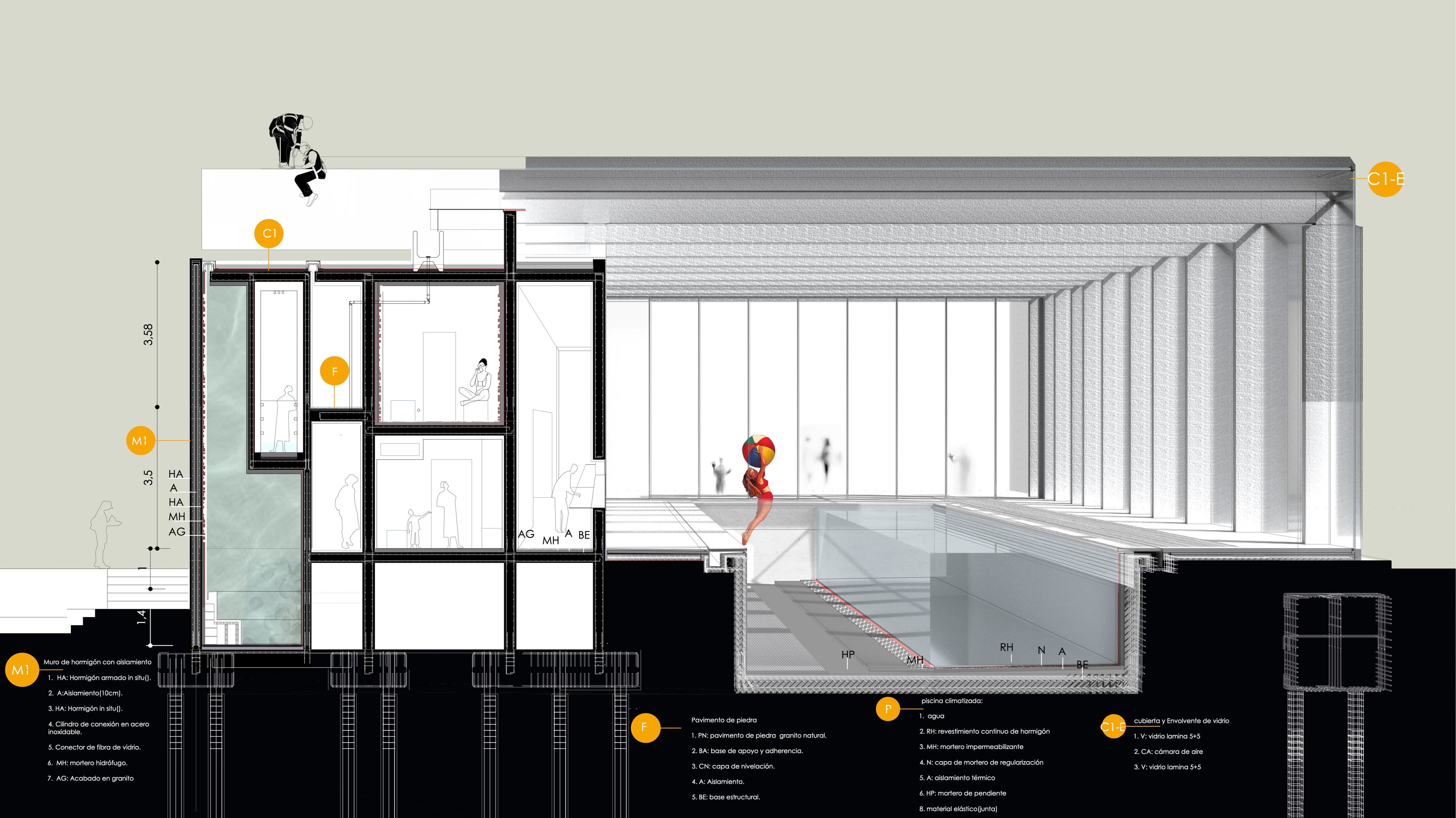 Sectional view of the swimming pool complex showing reinforced concrete structures integrated with the Vigo estuary landscape
