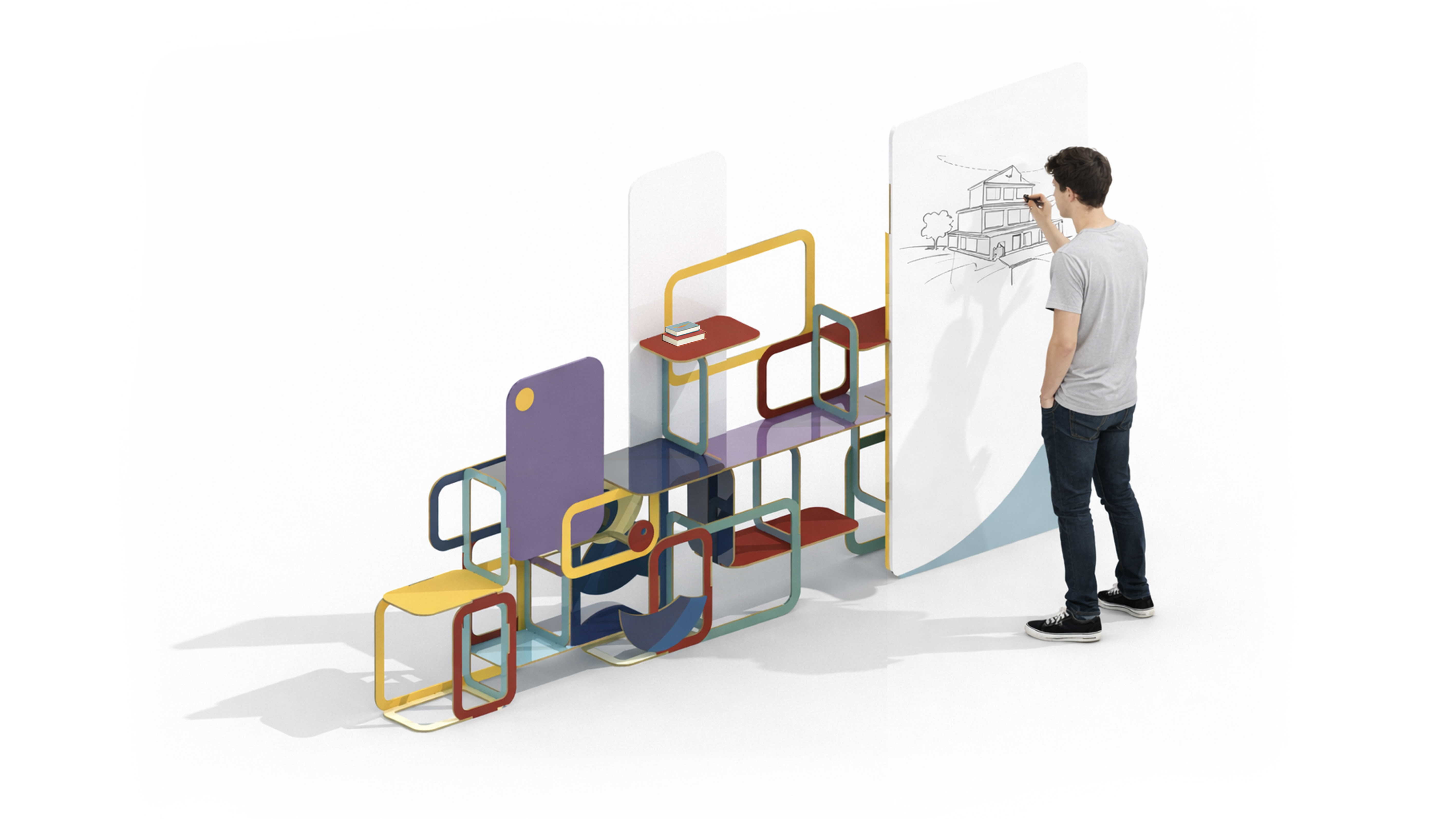 Student drawing two-point perspective housing sketch on writable modular biombo furniture in university studio