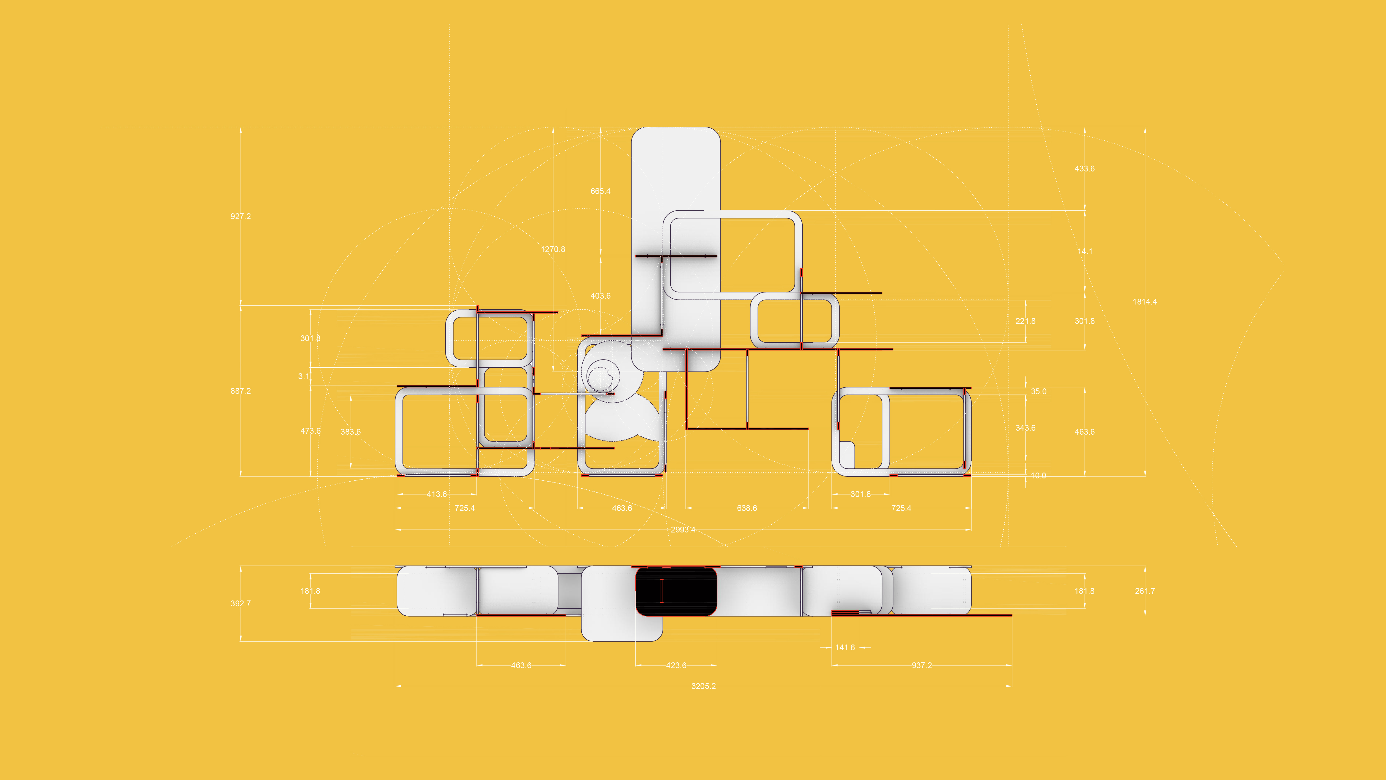 Floor plan and section drawings of modular biombo furniture with dimensions on yellow background
