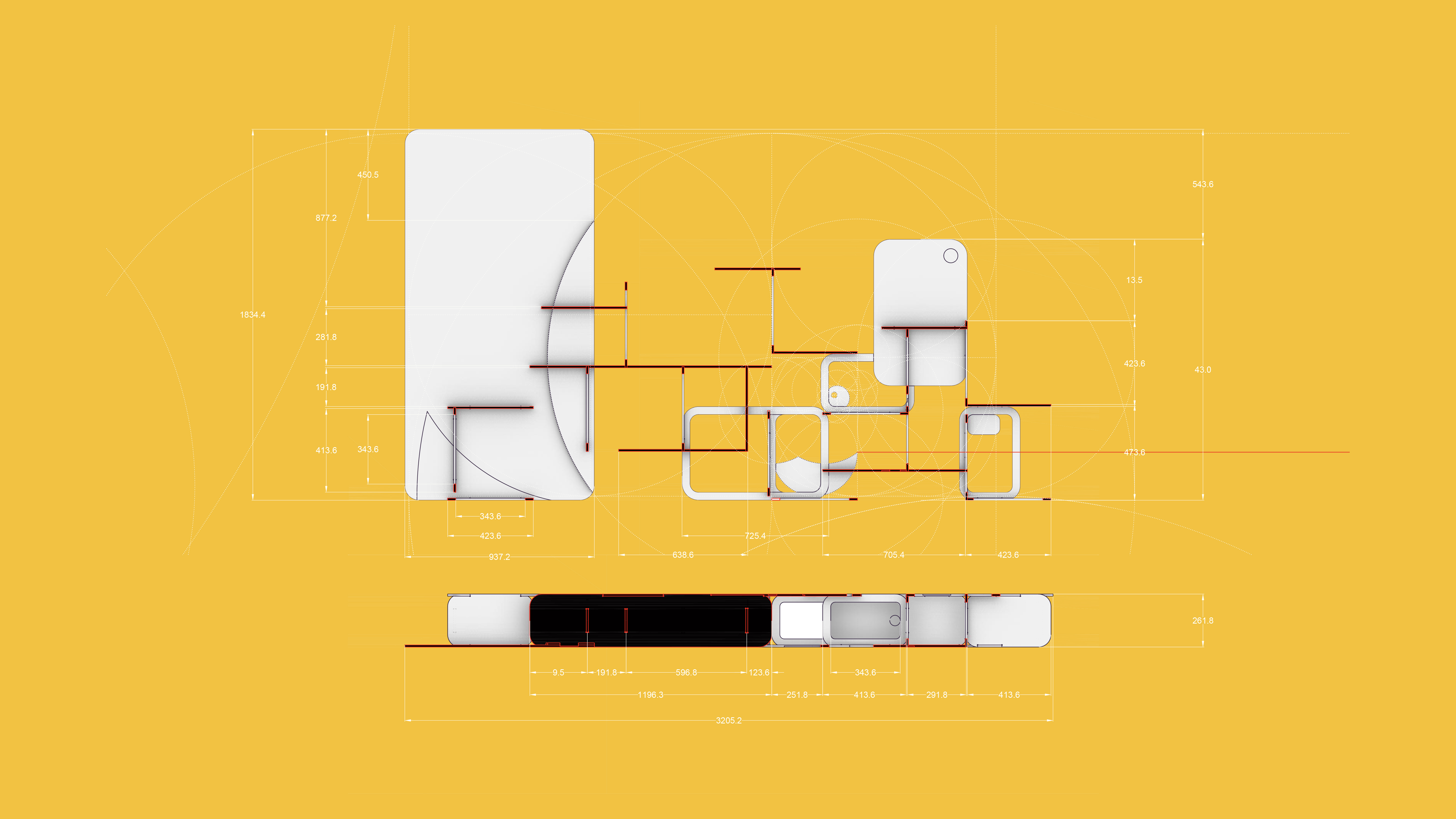 Detailed section drawing highlighting structural cut and geometric hierarchy of the biombo