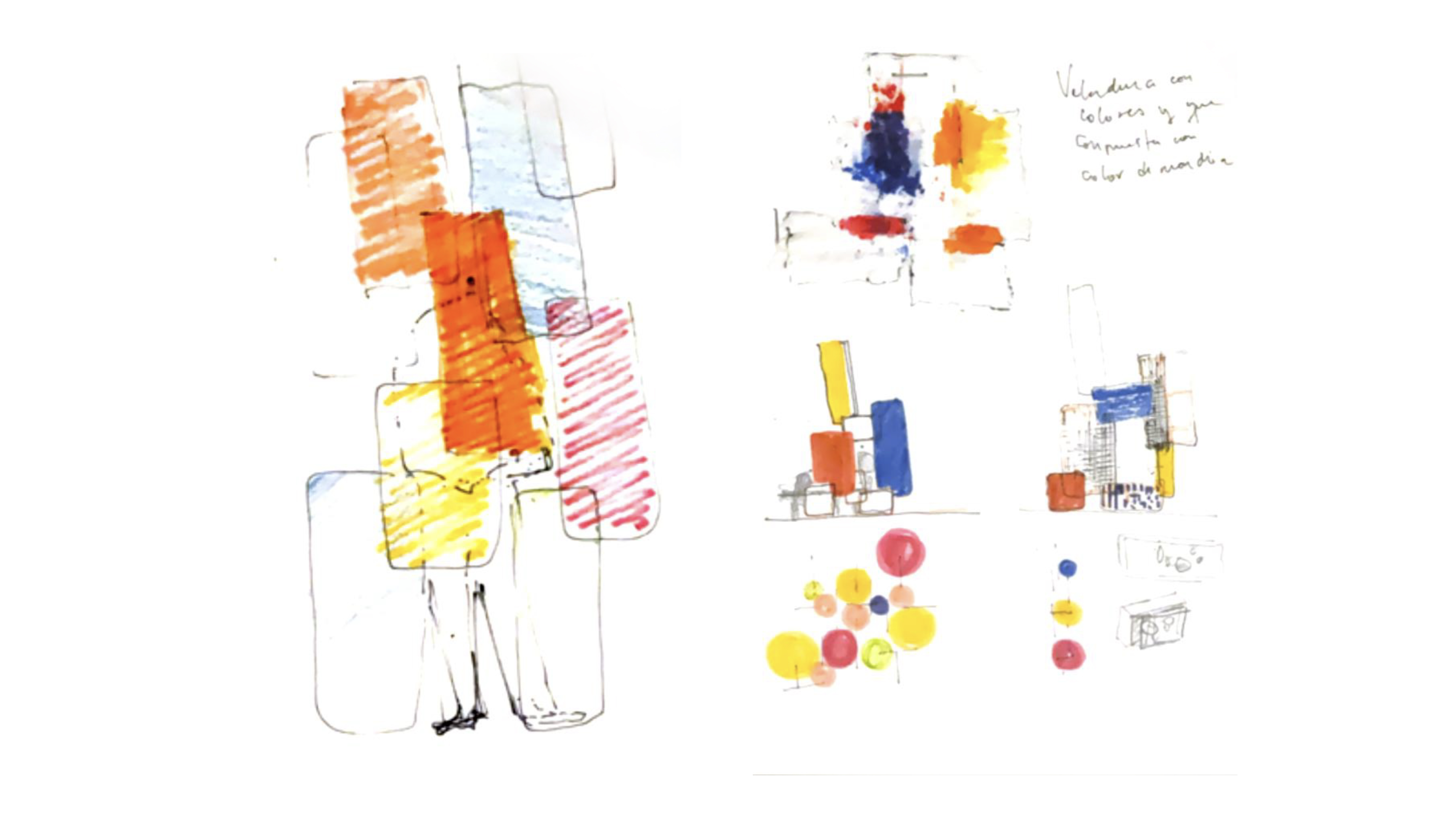 Hand-drawn conceptual sketches exploring spatial composition and color studies for the biombo