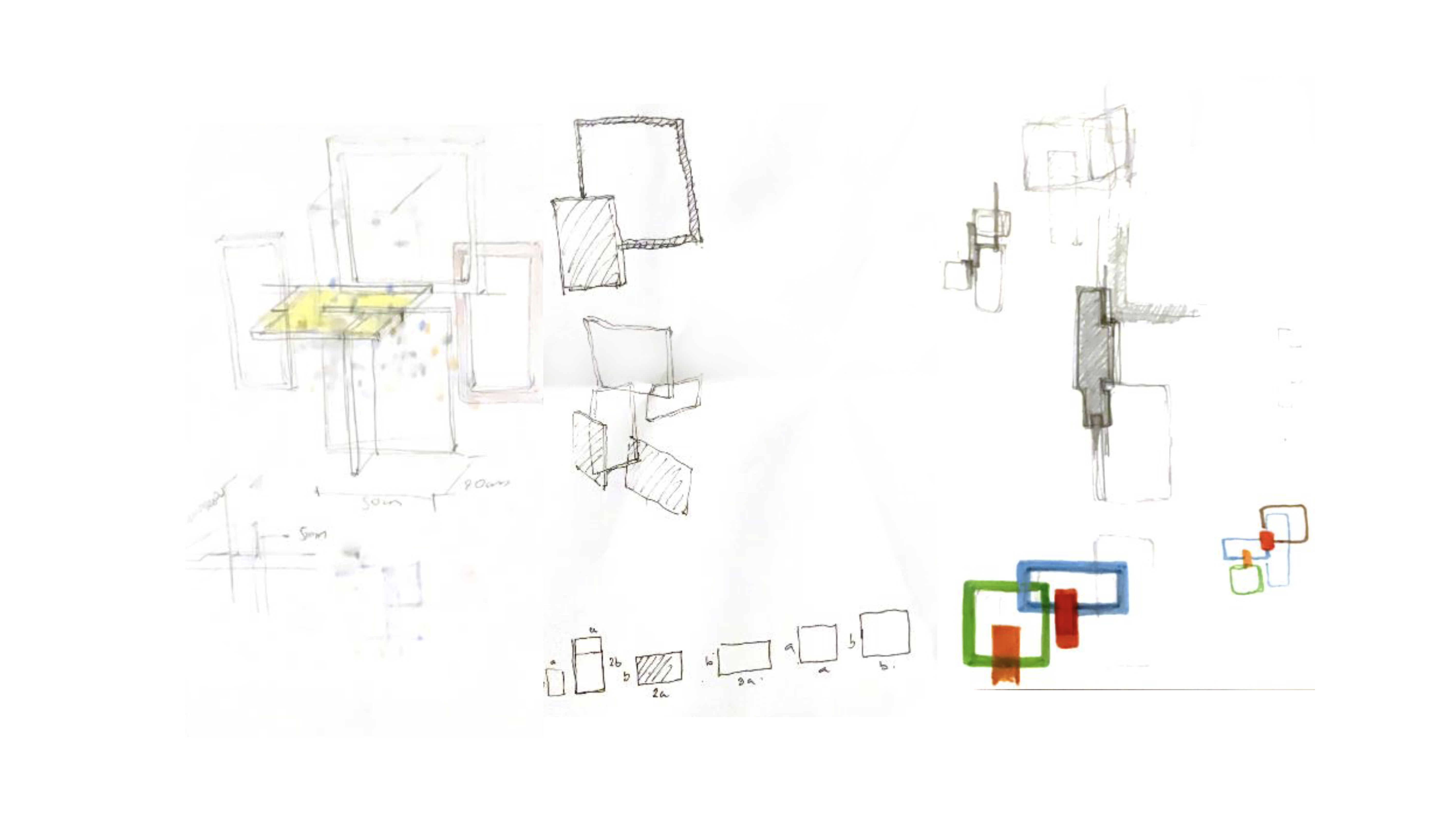 Technical assembly sketch showing modular construction sequence of the biombo furniture