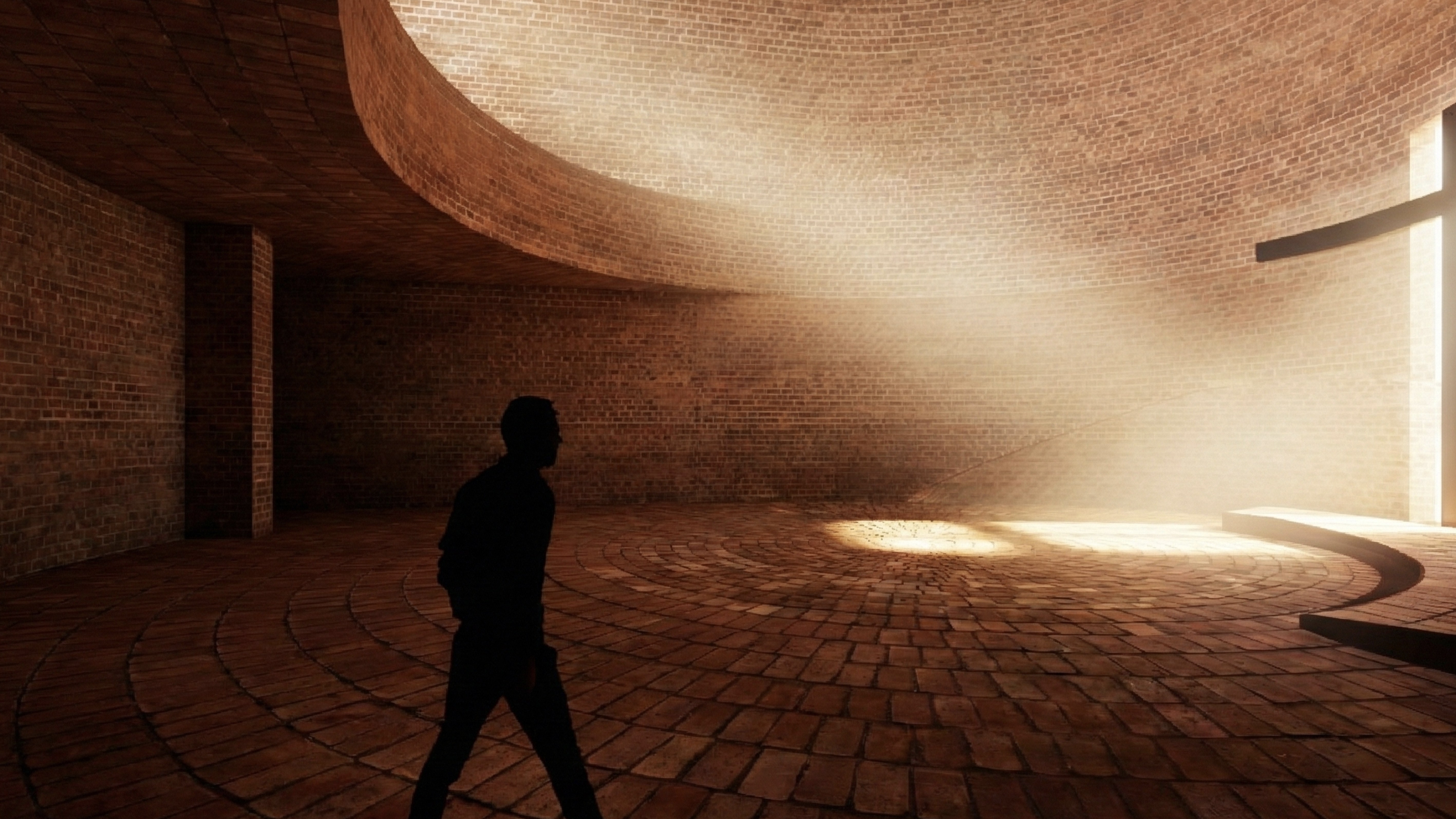 Pilgrim walking toward the altar and cross inside a brick chapel illuminated by a focused beam of light
