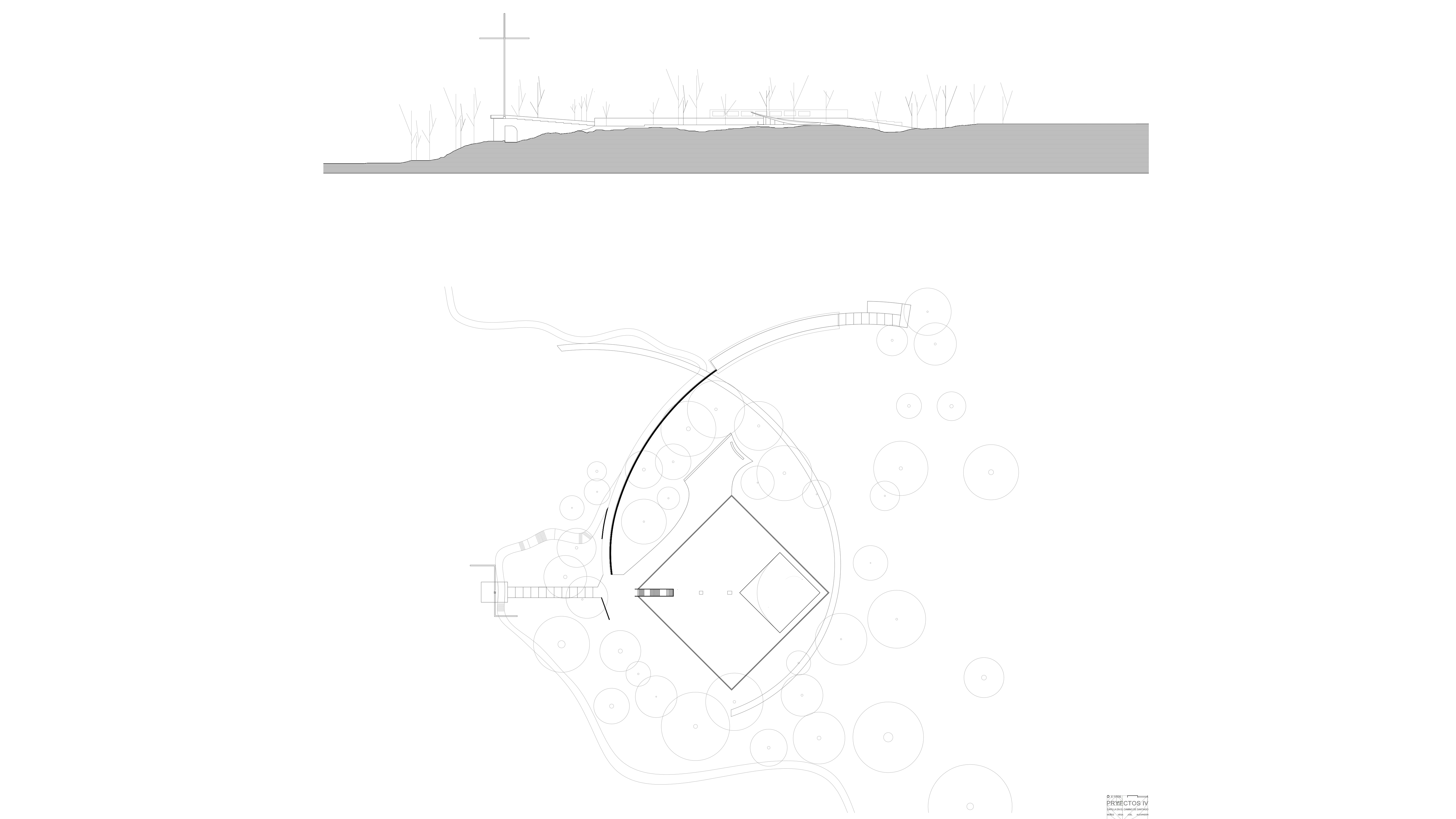 Plan and section showing semi-buried brick chapel, landmark cross, raised roof opening, and processional paths to the altar