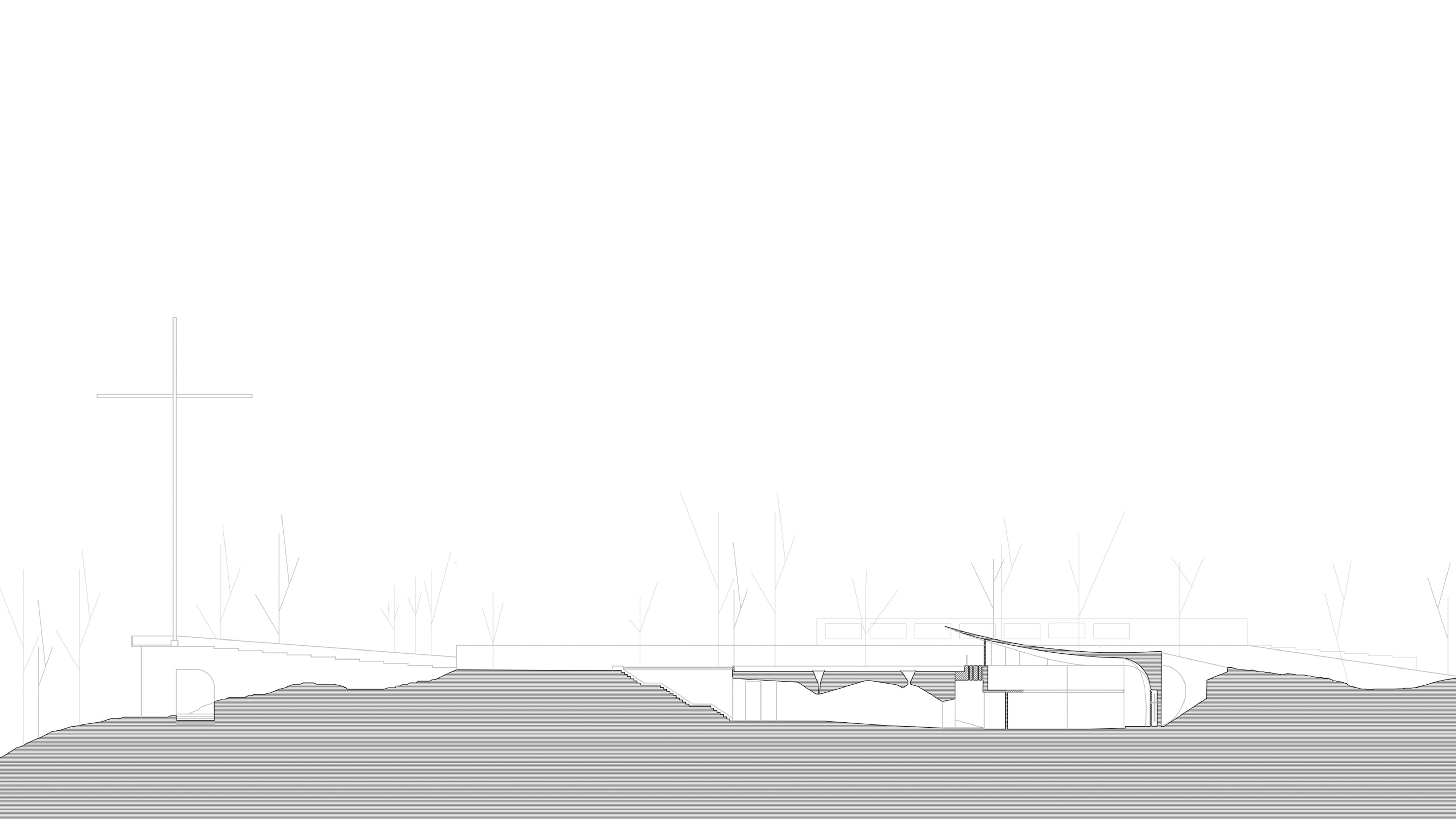 Section drawing showing semi-buried chapel in brick, cross-shaped light opening over the altar, and access stairs