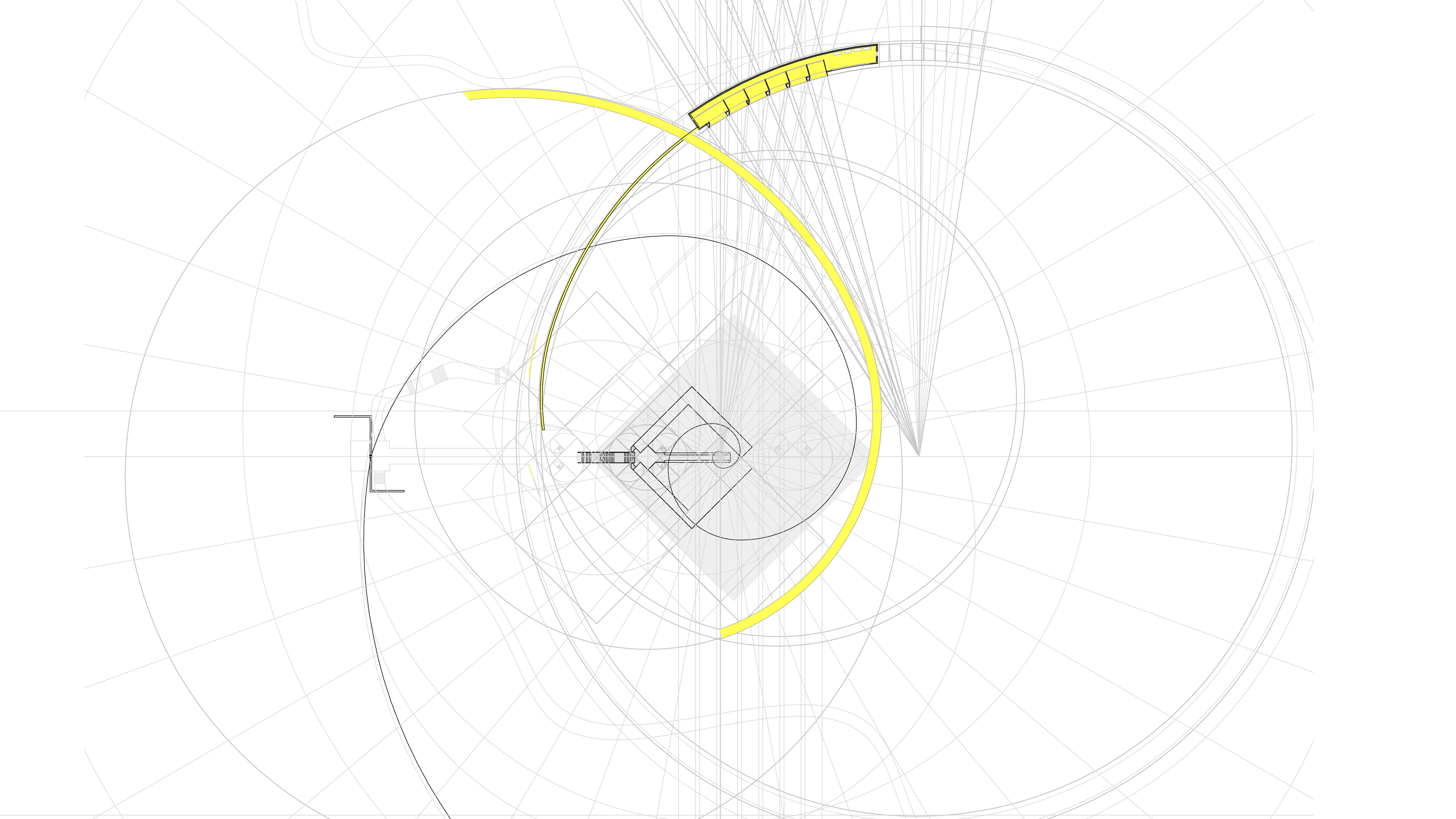 Plan geometry diagram showing spiral from the altar and intersecting circles highlighted within the golden ratio construction